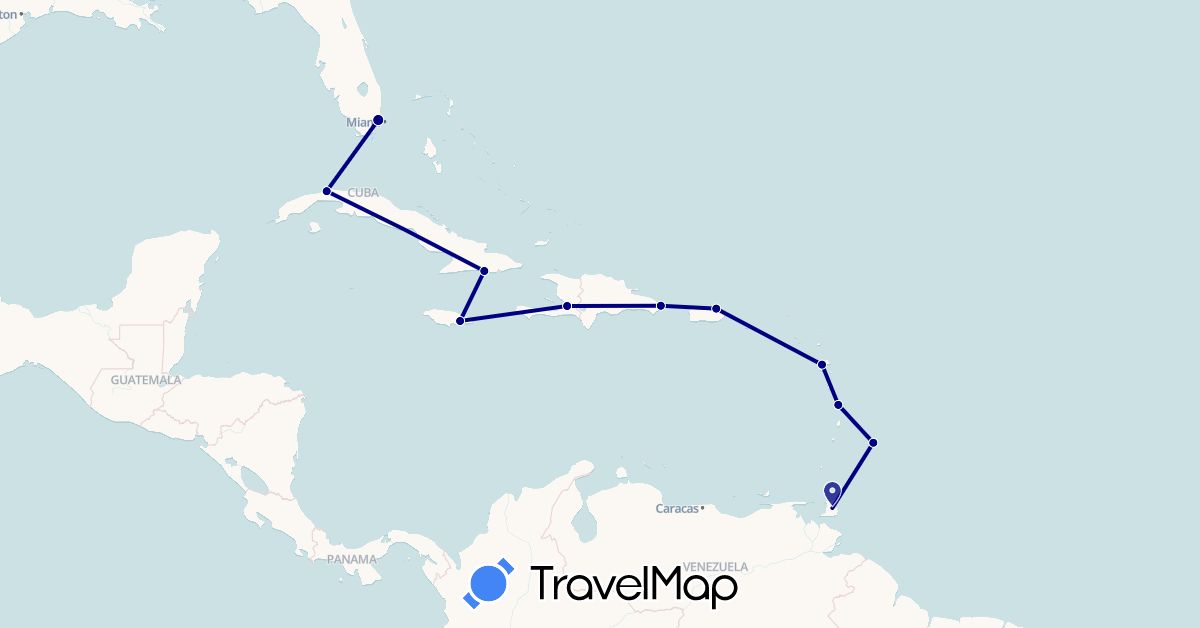 TravelMap itinerary: driving in Barbados, Cuba, Dominican Republic, Guadeloupe, Haiti, Jamaica, Martinique, Puerto Rico, Trinidad and Tobago, United States (North America)